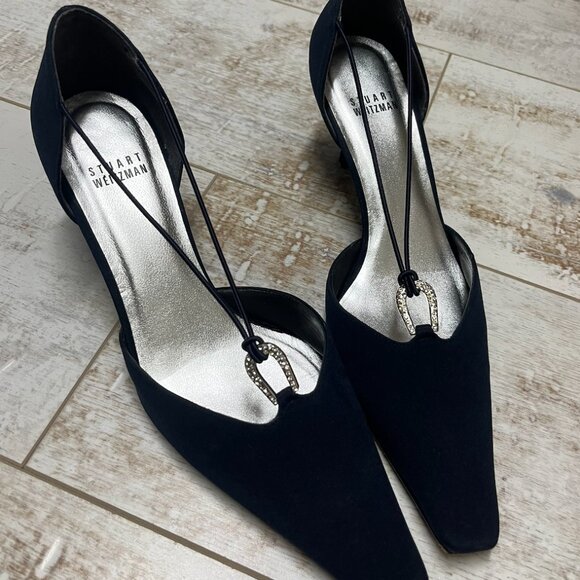 Stuart Weitzman Navy Satin Kitten Heel with Diamond Horseshoe detail - Picture 1 of 4
